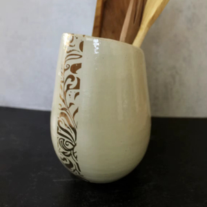 Handcrafted Porcelain Utensil Holder Elegant <b>Etched</b> Design Smooth Glaze Heat Resistant Stable Base Kitchen Counter Organizer - Product Image 5