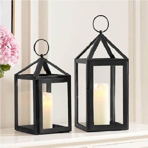 <b>Black</b> Metal Rectangular <b>Lanterns</b> With Glass Panels For Home Decoration - Product Image 1