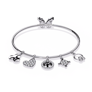 Multi <b>Charm</b> Diamond <b>Bangle</b> in Lab Grown 10k 14K White Gold | Heart Tree of Life Cross Designer Pave <b>Charm</b> Diamond Women Jeweller - Product Image 2