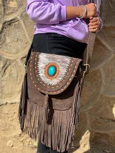 Nuevo estilo occidental Hair On Hide Fur Suede Leather Fringe Bag Bolso de hombro de cuero bohemio de alta calidad para mujer con piedra turquesa - Product Image 2