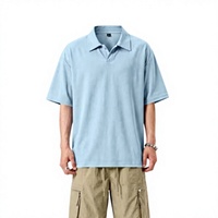 Men's Light Blue Polo Shirt Set Solid Color Knitted Cotton Breathable Short Sleeve Casual Summer Wear Customizable