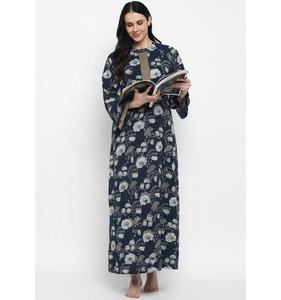 Soldes d'été Navy Cotton Lounge Wear Dress Hand Block Printed Beige Floral Long Sleeves Floor-Length Natural Waistline Front Zip - Product Image 1