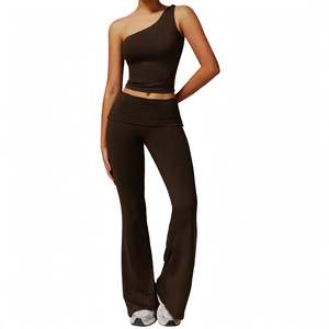 Women's Double Waist Wholesale One Shoulder <b>Striped</b> High-Waisted Front Yoga Sets Halter Crop <b>Tops</b> Capri Shorts Spandex/Nylon - Product Image 2