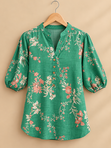 Blusa con estampado floral verde para mujer, con cuello mandarín y mangas abullonadas, top informal para primavera y verano - Product Image 3