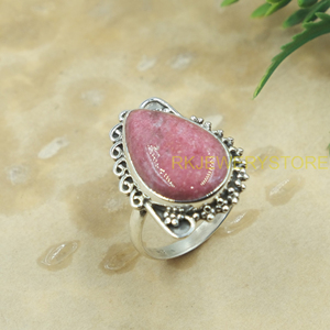 Natural Pink Rhodonite Gemstone 925 Sterling <b>Silver</b> Handmade <b>Ring</b> Vintage Floral Bezel <b>Set</b> Statement Jewelry Women <b>Ring</b> for her - Product Image 6
