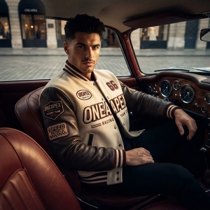 Men's Cream Brown <b>Racing</b> <b>Jacket</b> Motorsport Letterman Bomber <b>Jacket</b> Embroidered Streetwear Wholesale Apparel - Product Image 3