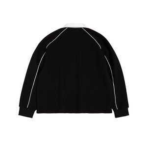 Chemise noire à manches longues pour homme, couleur unie, tricotée, décontractée, col à revers, surpiqûres contrastées, 100 % polyester, écologique - Product Image 4