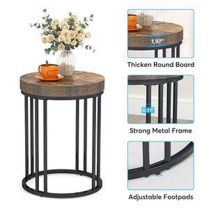 Table d'appoint ronde en bois d'acacia massif avec base en cage métallique noire pour salon, chambre, hôtel, meubles de maison - Product Image 1