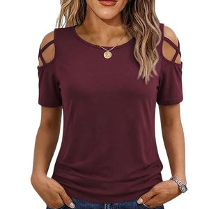 Women's Cold Shoulder T Shirt Short Sleeve Scoop Neck Solid Woven <b>Top</b> Loose Fit Summer Tee - Product Image 1