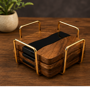 Modern <b>Square</b> Wooden Mats & Pads <b>Set</b> with Gold Frame Non-Slip Design for Home Kitchen Table - Product Image 4