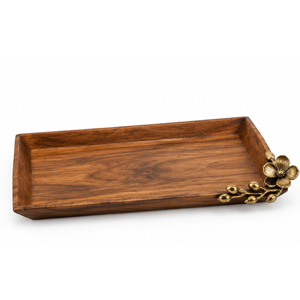 Plateau décoratif ovale unique en bois avec poignées en métal en forme de feuille de Ginkgo dorée, plateau de service en bois pour la vaisselle d'hôtel et la décoration de la maison - Product Image 6