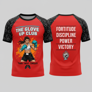 Camiseta de Boxeo Glove Up Club, Unisex, Manga Corta, Ajustada, Poliéster, Impresión por Sublimación, Roja y Negra, Ropa Deportiva - Product Image 1