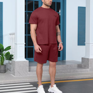 Ensemble de survêtement d'été pour homme à manches courtes, motif uni, deux pièces, short longueur genou, vêtements de sport, fitness, course à pied et gym - Product Image 3
