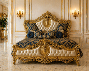 Ensemble de lit de luxe de style persan avec feuilles dorées sculptées, lit capitonné blanc baroque de luxe avec tables de chevet, acheter des meubles de chambre à coucher en ligne au Royaume-Uni - Product Image 2