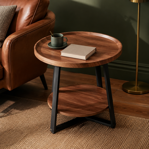 Table d'appoint ronde moderne en bois avec étagère de rangement et structure métallique, table d'appoint de canapé pour salon, fournisseur de meubles en gros en Inde - Product Image 3
