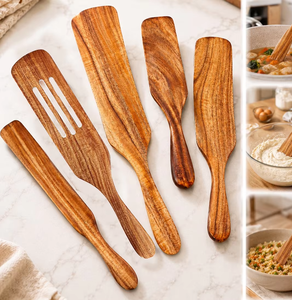 Ensemble de 5 spatules de cuisine en bois d'acacia antiadhésives et antidérapantes à long manche, outils de cuisson de haute qualité résistants à la chaleur, en promotion - Product Image 5