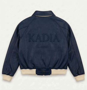 Custom <b>Men</b>’s Navy Blue Genuine Leather <b>Bomber</b> <b>Jacket</b> – Embossed Logo <b>Varsity</b> Style – Premium Lambskin Outerwear with Ribbed Trim - Product Image 2