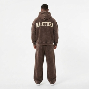 Ensemble de survêtement à capuche pour homme, marron crème, imprimé lettres, fermeture éclair intégrale, coupe ample, style décontracté, 100 % coton, collection automne - Product Image 4