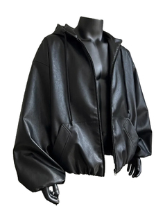 Chaqueta de invierno informal coreana para hombre, abrigo corto de cuero sintético negro con capucha y cremallera, ropa suelta, suave y cálida. - Product Image 2