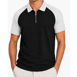 Pull classique pour homme à col zippé, tricoté, respirant, blanc cendré et noir, avec blocs de couleur contrastés, manches raglan, logo personnalisé - Product Image 1