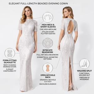 Elegant White Beaded Evening Dress | Women Cap Sleeve | Open Back Bodycon Formal Party Gown | Luxury <b>Sequin</b> | Mid-Calf Dress - Product Image 3