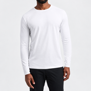 <b>Men's</b> <b>White</b> O-Neck <b>Long</b> <b>Sleeve</b> T-<b>Shirt</b> Solid Color Casual Crewneck Pullover Top 100% Cotton Polyester Premium Quality T <b>Shirt</b> - Product Image 1