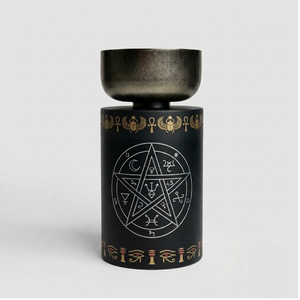 Quemador de incienso árabe Mabkhara OEM personalizado, calentador de cera cilíndrico negro con pentáculo y cuenco metálico, decoración a granel - Product Image 4