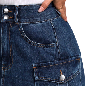 Minifalda vaquera cargo azul oscuro para mujer, cintura alta, con bolsillos utilitarios, informal, transpirable, de secado rápido, silueta en A, corte regular, para verano - Product Image 6