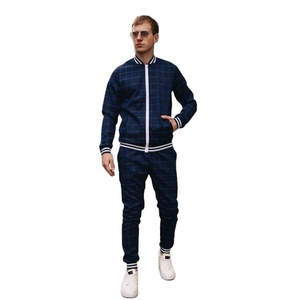 Active Gym Men's Check Print Sublimated Bomber <b>Jacket</b> Sports Tracksuit Zip Enclosure Ribbed Hem & Cuffs Stripe Zipper Sweat Suit - Product Image 1