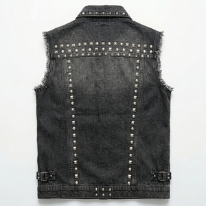 Gilet en jean décontracté pour homme, col rabattu, décoré de rivets, style motard, vêtement d'extérieur, couleur unie, tissé en polyester et coton 300 g/m², pour l'automne - Product Image 5