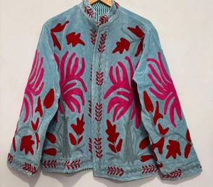 Women's Light Blue Velvet Embroidered <b>Jacket</b> With Red Floral Pattern Full Sleeve <b>Mandarin</b> <b>Collar</b> Open Closure Autumn Style - Product Image 2