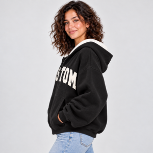 Heavyweight Black Varsity <b>Hoodie</b> Women <b>Sherpa</b> Lined Zip Up Sweatshirt Custom Applique Letter Split Hooded Jacket Streetwear - Product Image 2