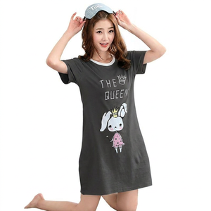Camisón de manga corta azul claro para mujer con estampado de conejita, cuello redondo, largo hasta la rodilla, ropa de dormir de algodón, vestido informal de verano - Product Image 5