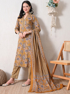 <b>Women</b> Floral Printed Cotton Quick Dry <b>Kurta</b> Set Dupatta V-Neck Regular Fit Knee-Length Traditional Indian Pakistani Style Diwali - Product Image 5