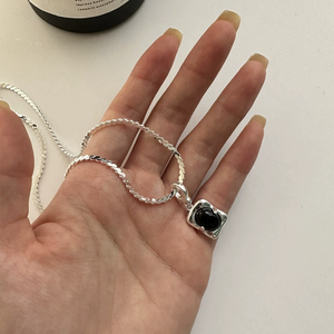 S925 sterling silver Korean minority design black agate simple square pendant Korean fashion <b>ring</b> collar chain - Product Image 1