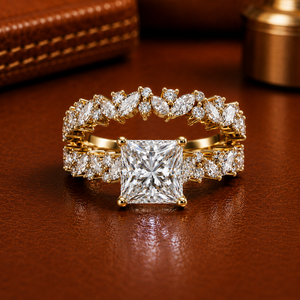 Vintage Princess Cut Lab Grown Diamond Engagement <b>Rings</b> 14K Pure Gold Cluster Matching Set Anniversary Band For Women Jewelry - Product Image 1