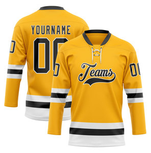 Camiseta de Hockey sobre Hielo Amarilla Personalizada con Logotipo de Equipos, Sublimada, Manga Larga, Cuello en V, Prenda Deportiva Transpirable de Poliéster para Hombre - Product Image 1