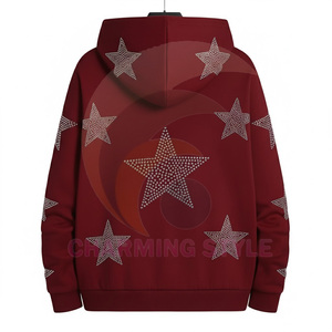 Sudadera con capucha para hombre 100% algodón con cremallera, logo bordado, estampado de diamantes de imitación negros, talla grande - Product Image 3