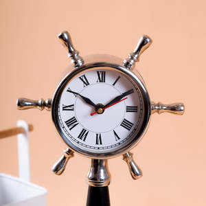 <b>Vintage</b> Nautical Ship Wheel Table <b>Clock</b> with Polished Silver Finish and Black Wooden Pedestal Decorative Maritime Desk <b>Clock</b> - Product Image 2