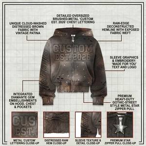 370Gsm Oversized Heavyweight Vintage Sun Faded Zip up <b>Hoodie</b> Distressed Rhinestone Graphic Print Streetwear Men's Hoodies - Product Image 3
