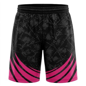 Shorts de basketball ODM pour hommes, noir et rose, imprimé par sublimation, motif géométrique, taille élastique, respirant, pour la gym et le sport - Product Image 1