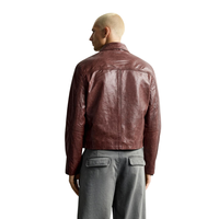 Blouson Homme en Cuir Véritable Bordeaux Style Streetwear Col Chemise Fermeture Éclair Devant Coupe Courte Premium Minimaliste OEM Vêtement d'extérieur Décontracté Tendance