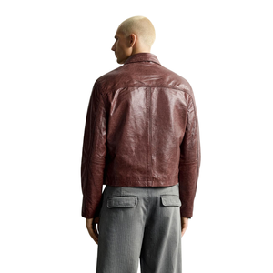 Men's <b>Burgundy</b> Genuine <b>Leather</b> Streetwear <b>Jacket</b> Shirt Collar Zip Front Cropped Fit Premium Minimal OEM Casual Fashion Outerwear - Product Image 5
