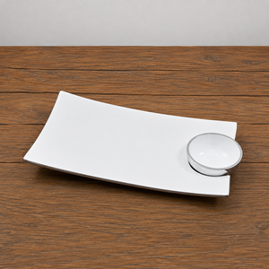 Plat rectangulaire en émail blanc pour chips et trempettes |   Plateau de service en aluminium avec bol à sauce pour collations, apéritifs, décoration de table de fête - Product Image 1