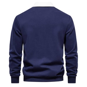Camiseta de Punto de Manga Corta para Hombre, 100% Algodón, Transpirable, Corte Holgado Informal, Cuello Alto, Color Azul Marino Sólido - Product Image 2
