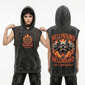 Sudadera sin mangas de peso pesado para mujer, 400GSM, negra, con lavado ácido, gráfico Hellhound Cerberus, estilo pullover, con efecto desgastado, para gimnasio, estilo rock metálico - Product Image 1