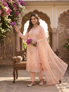 Elegant Peach Embroidered Summer/Spring Winter Party Pakistani Suit Set Organza Dupatta | Designer Sequins Work Kurta Palazzo - Product Image 6