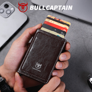 BULLCAPTAIN Tarjetero de Cuero Genuino para Hombre con Bloqueo RFID, Estuche Metálico Automático para Tarjetas de Crédito, Cartera con Logotipo Personalizado - Product Image 1
