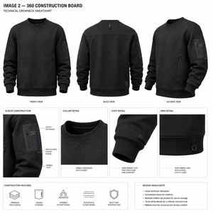 Men's Black Fleece Pullover Sweatshirt Crew Neck Regular Fit <b>Zip</b> Pockets Left Sleeve Logo Casual Winter 100% Cotton Breathable - Product Image 2