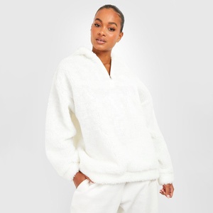 <b>Women's</b> Breathable 1/4 <b>Zip</b> Fleece Hooded Sweatshirt with Embroidered Rhinestone High Street Style Adult <b>White</b> Winter Pullover - Product Image 1